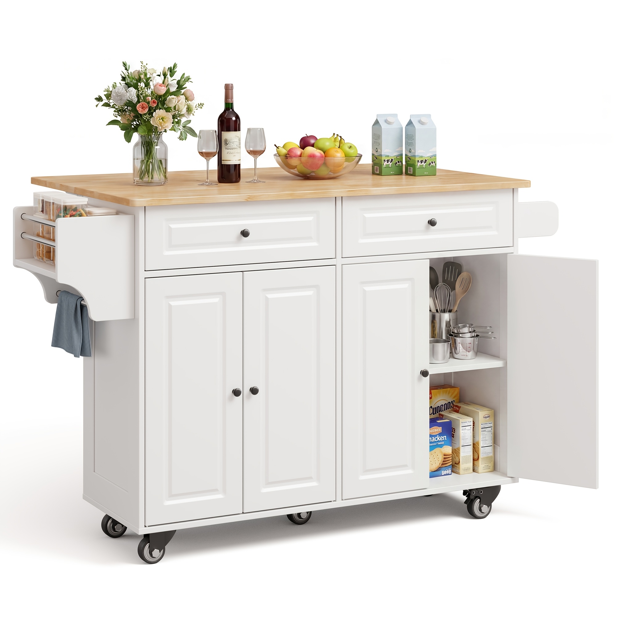 Rolling Kitchen Island Cart With Drop- Top, Mobile Kitchen Storage Cabinet With 2 Drawers And Doors, Utility Cart Lockable Wheels With Spice Rack & Towel Bar, White/ Black