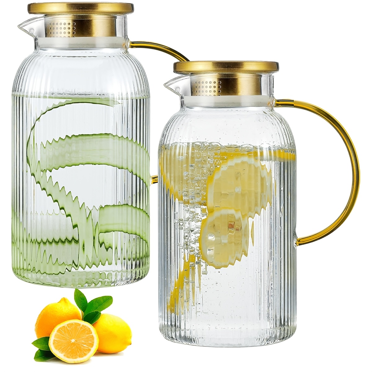TEMU 2-pack Glass Water Jars With Lids, 68 Oz/2 Vertical Stripe Pitchers, Glass Water Bottles, Suitable For Cold Brew, Coffee, Lemonade, Iced Tea,