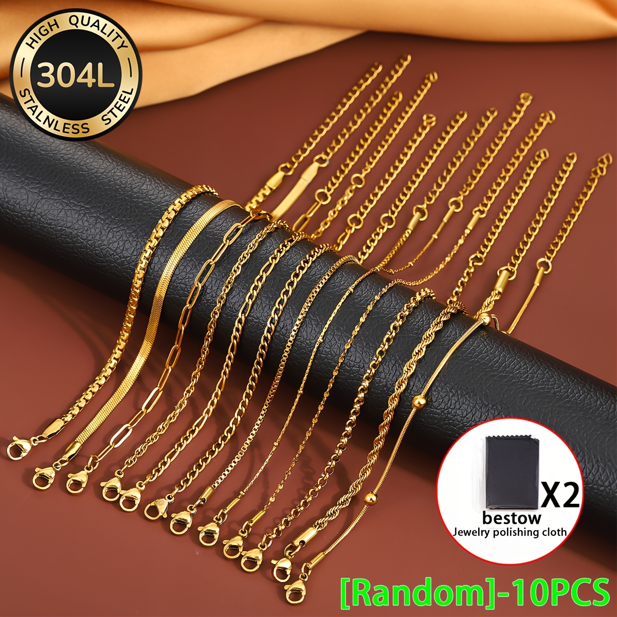 E-shop [Zufällige Auswahl 10 Stück] 18k vergoldetes Damen-Armband-Set aus Edelstahl (+2 Schmuckreinigungstücher), modisches elegantes Design, für alle