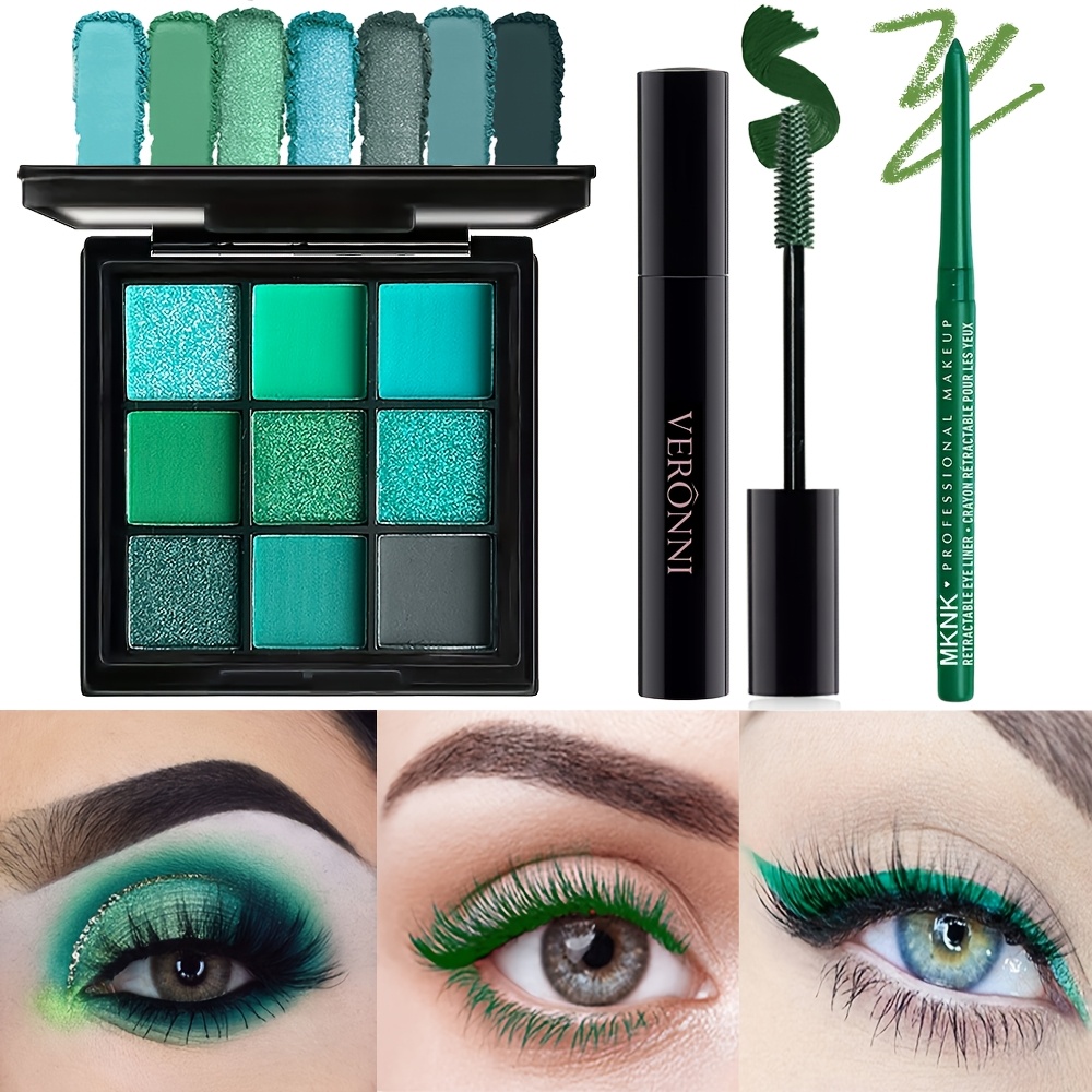 Image of 3pcs Eye Makeup , 9 Colors Green Eyeshadow Palette With Green Mascara, Green Eyeliner, Matte Shimmer Glitter Eye Makeup, Green Color Tone, High Waterproof Makeup Kit For Music Festival
