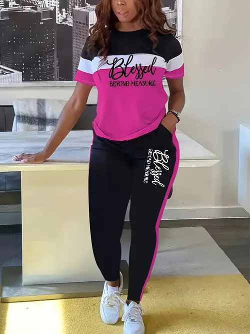 plus size womens two piece set casual color round neck short sleeve t shirt and pants set pants with pockets