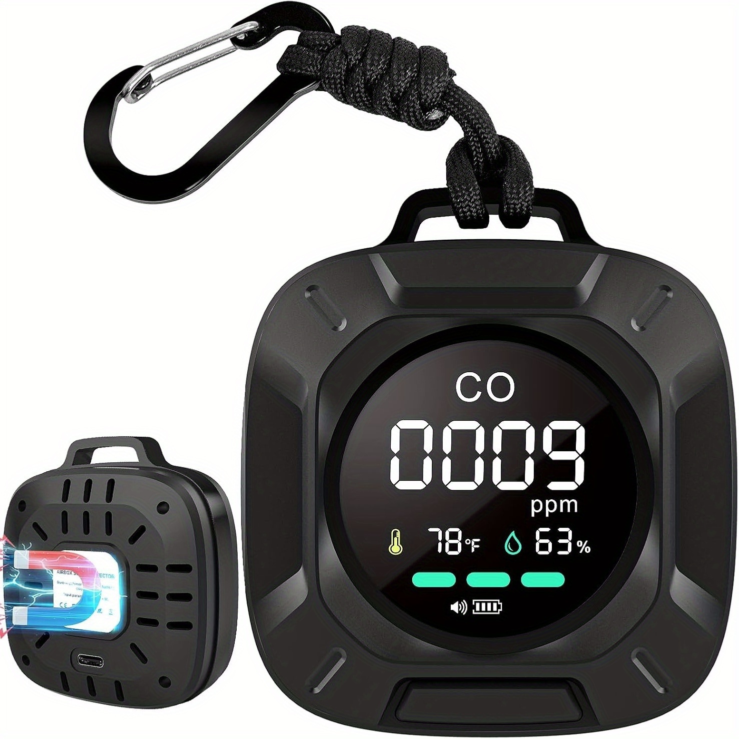 Portable Air Quality Monitor With Magnetic Suction, Detector With Temp And Humidity Sensor, Built-in Rechargeable Battery For Kitchen/bathroom/living Room