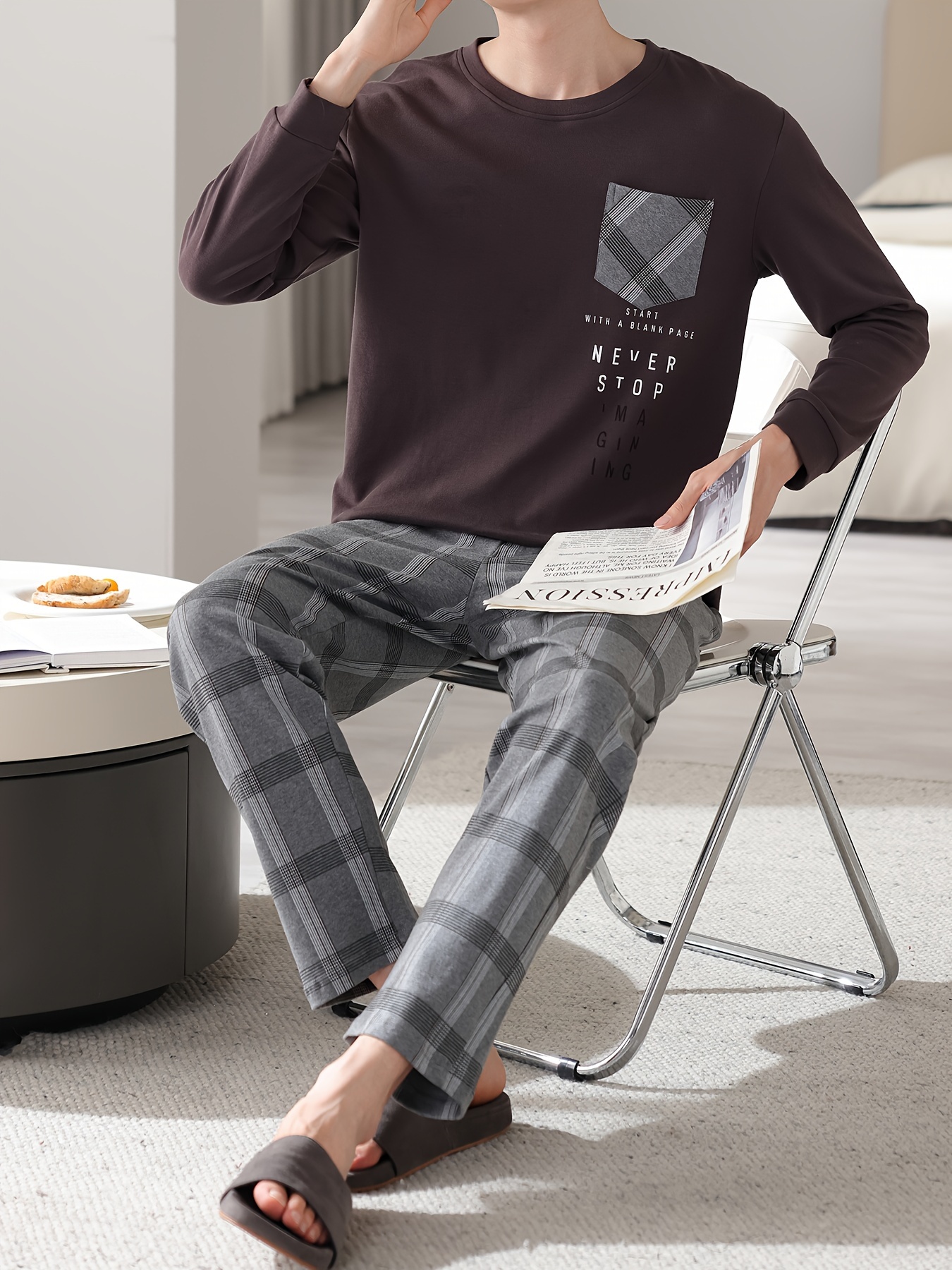 1set Men'S Casual Cotton Pajama Set, Long Sleeve Round Neck Sleepwear with Pockets, Loose Fit Knitted Pullover for Spring/Autumn - Comfortable Thin Cotton Outfit