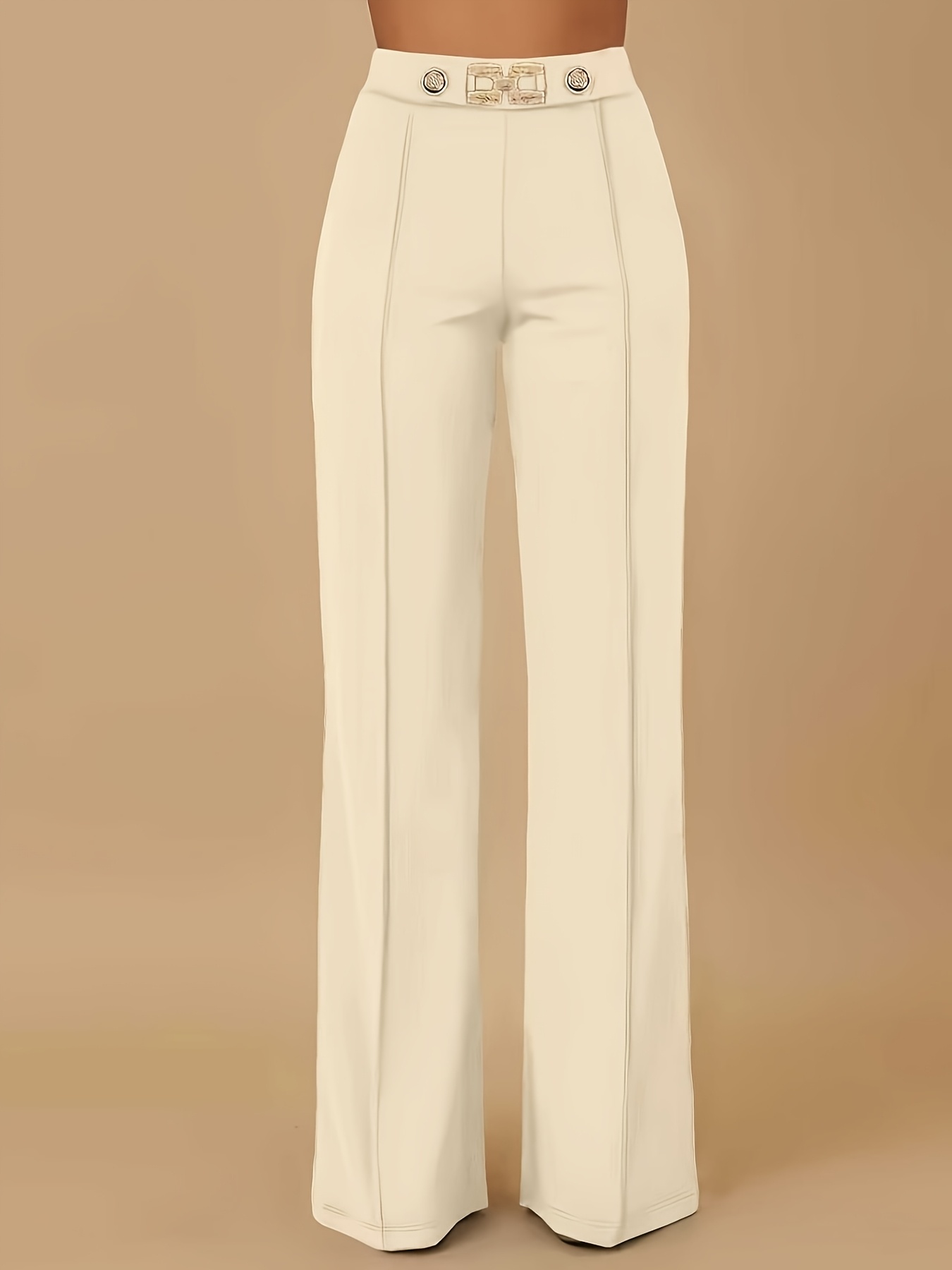 Plus Size - Elegant High-Waist Women'S Solid-Color Trousers - Slim Fit, Stretchy And, Machine Washable, Solid Color with Metallic Chain Detail, Versatile for All Occasions, All-Season Wear