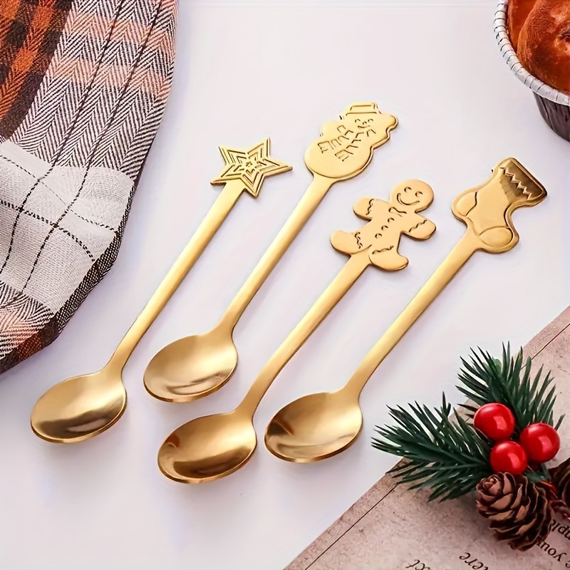 Image of Hot Item - 4pcs Christmas Spoon Set - Premium Stainless Steel Mini Coffee And Tea Spoon For Dessert, Smoothie And Jam Mixing - Essential For Christmas In Silvery And Golden (4 Designs)