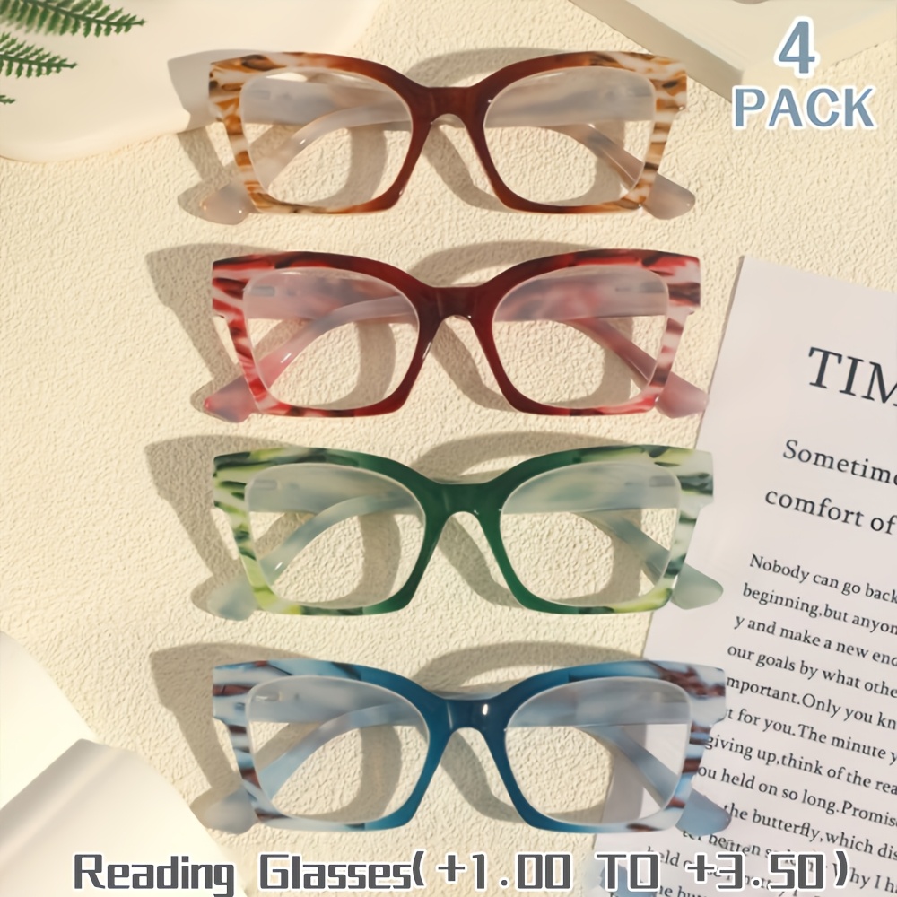 4-Pack Lightweight Square Frame Vintage Reading Glasses