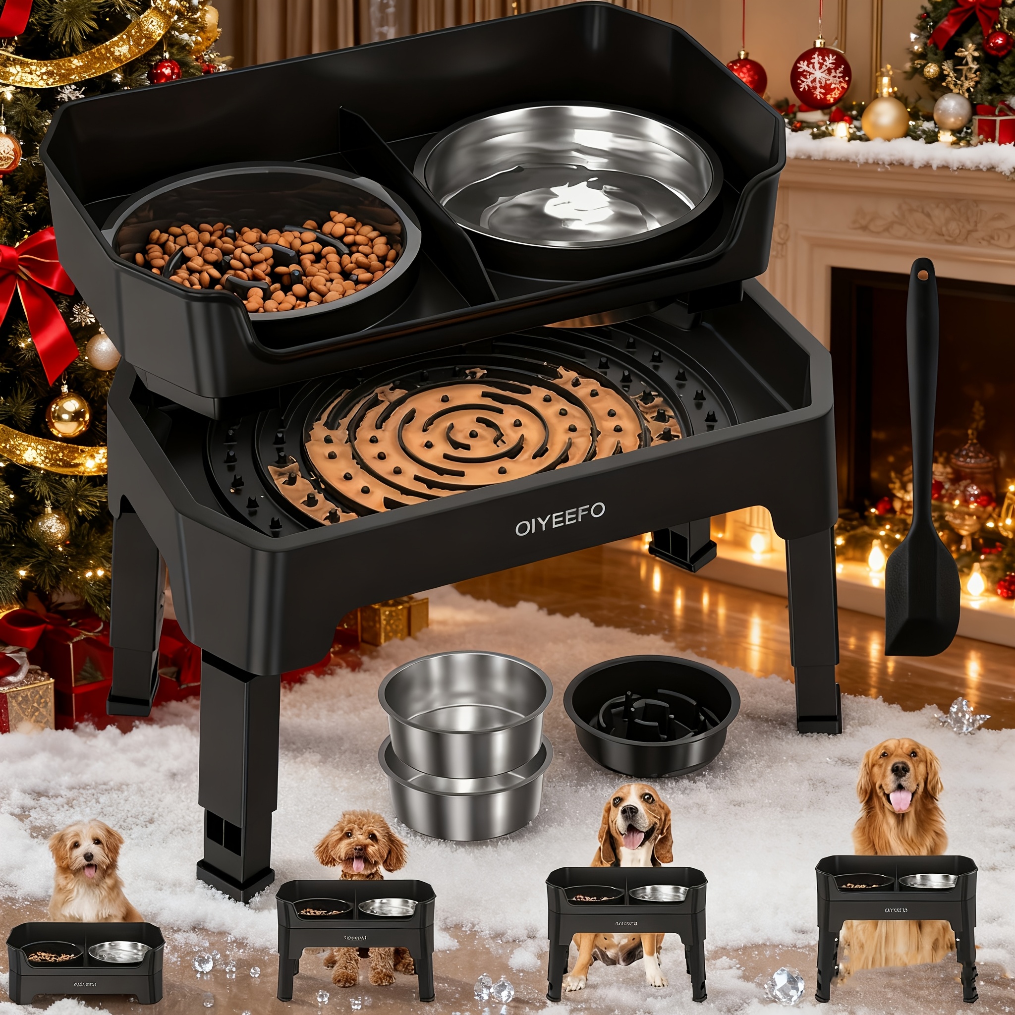 Image of 4-in-1/3-in-1 Large Elevated Dog Bowls, Adjustable Height Raised Dog Bowl Stand With Mess-proof Design, Slow Feeder Licking Plate With Food Bowls
