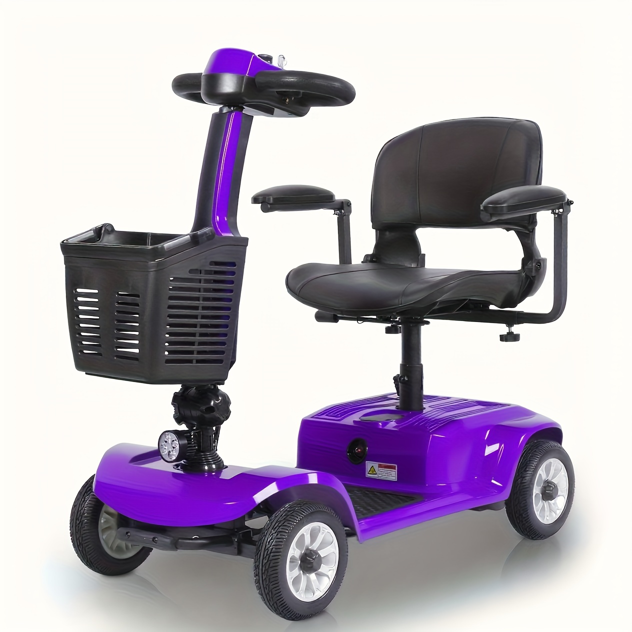 lightweight 4-wheel electric mobility scooter with non-slip   solid tires, front basket, led headlight, foldable adult mobility scooter with red/black/blue/purple colors, senior transportation, safety features disabled mobility aid Product details 1