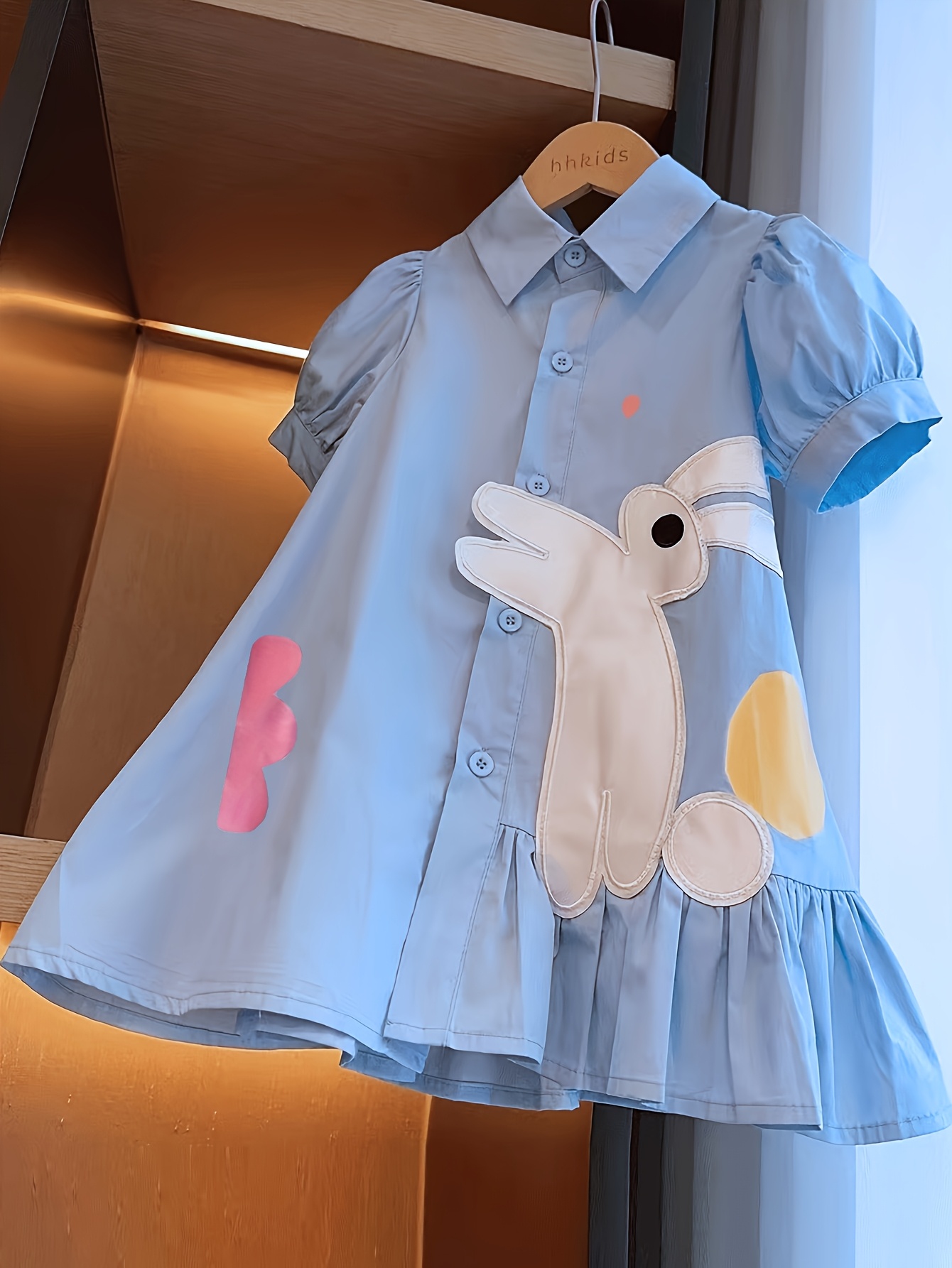 aiLe Rabbit Girls' Elegant Summer Dress - Pink with Bunny Embroidery, Ruffle Hem, Short Sleeve, Button-Up Collar, Non-Stretch Fabric, Perfect for Casual Wear, Cute Summer Dresses