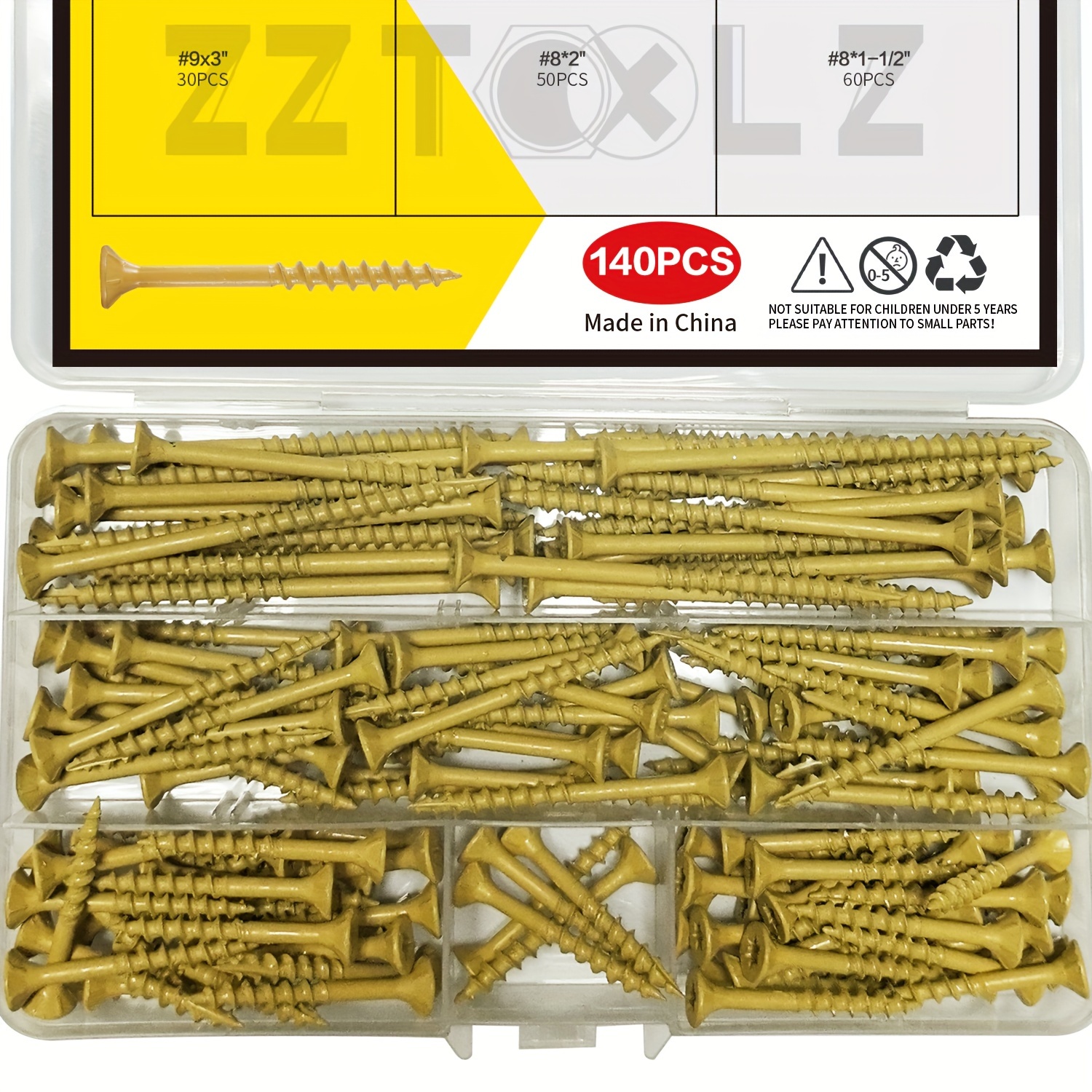 

140pcs Deck Screw Assortment Kit - #8x1-1/2", 8x2", 9x3" Anti-rust Coated, Self-drilling For Wood - Outdoor Decks, Fences & Indoor , T25 Torx Drive