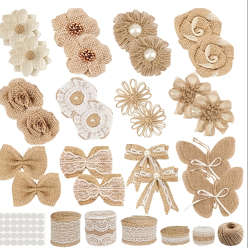 30pcs burlap flowers set with 24 handmade burlap flowers and burlap bows 5 burlap lace ribbon rolls 1 wire   dot burlap jute ribbon for wedding party decoration home decor diy crafts