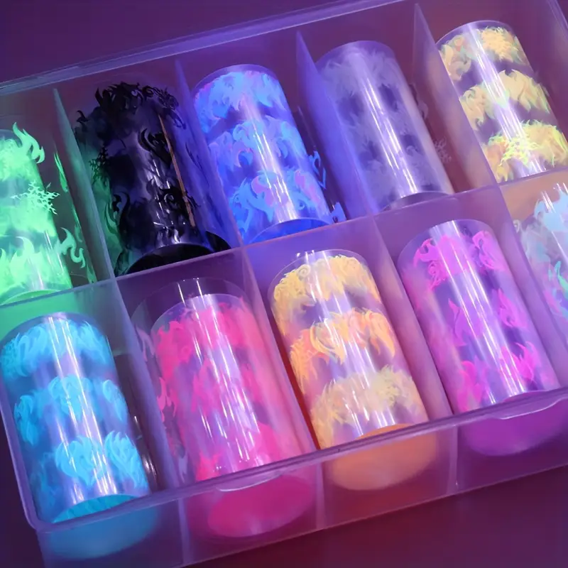 10 rolls box fluorescent fire flame transfer nail foil neon luminous torch light starry sky paper hanging decoration sparkle nail foil decoration manicure pack 1 box boxed starry sky paper b121 details 2