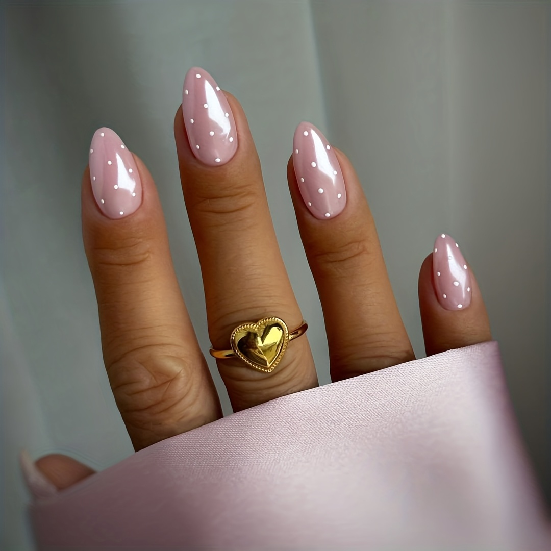 E-shop Ein Set aus 24 mittellangen, mandelförmigen künstlichen Nägeln mit Punktmuster, rosa Katzenaugen-Glitzer, künstliches Nagelset, geeignet für