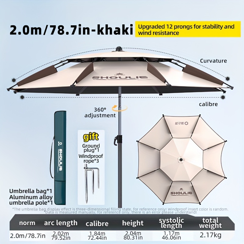 TEMU Yuzhiyuan Khaki 12-rib Large Outdoor Umbrella Set With Ground Stake & Wind Rope - Versatile For Hunting, Fishing & Camping