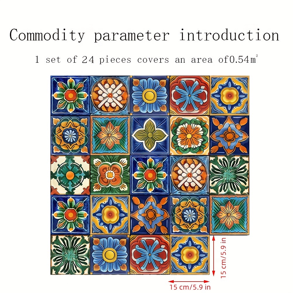 TEMU 24 Pcs Moroccan Style Decorative Tile Stickers, 5.9"x5.9" Vinyl Self Adhesive Removable Waterproof Peel And Stick Backsplash Walls Stickers For Kitchen Backsplash, Bathroom, Stairs, Home Décor