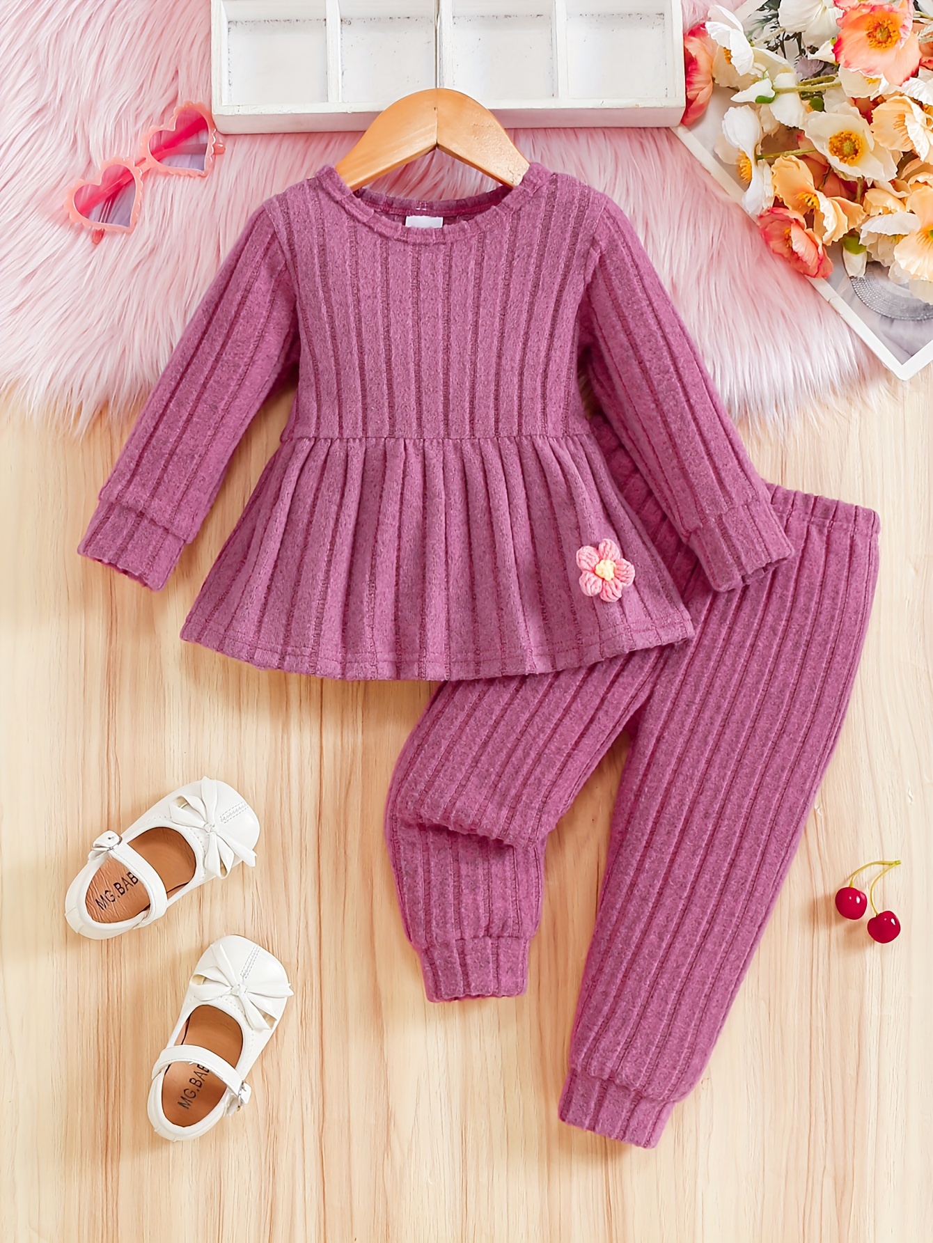 girls toddler spring autumn long sleeve top and pants set casual cartoon knit outfit polyester blend with spandex regular fit newborn baby clothing and footwear for outdoor