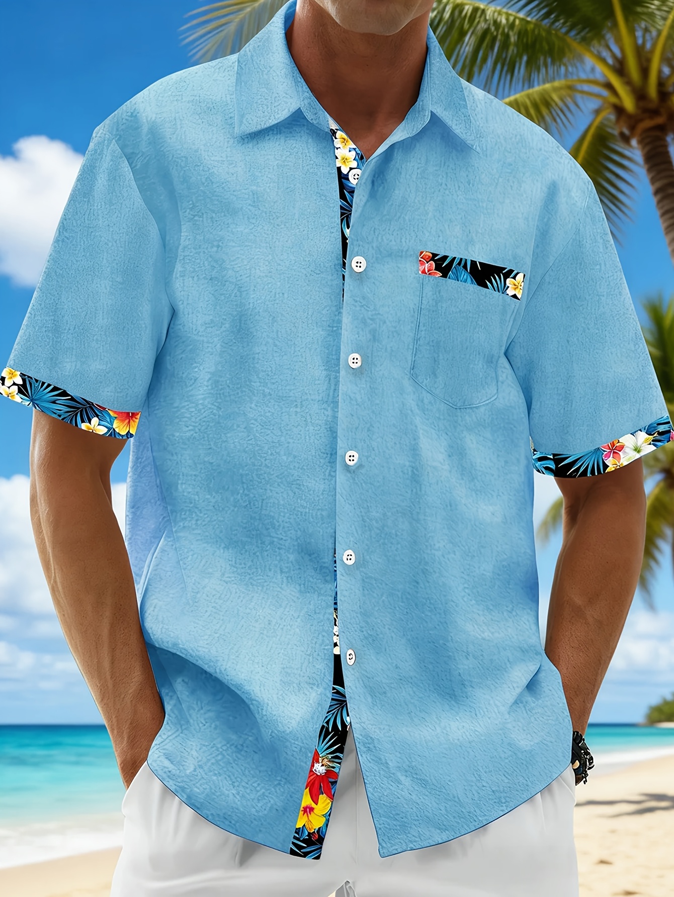 hawaiian floral print mens button short sleeve shirt