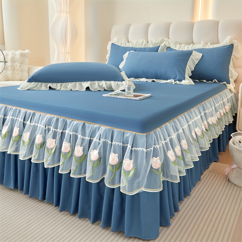 TEMU 2/3pcs Luxury Solid Color Lace Bed Skirt Set(1pc*bed Skirt +1/2pcs*pillowcase, Without Pillow Core), Rose Lace Ruffles, For Lotus Leaf