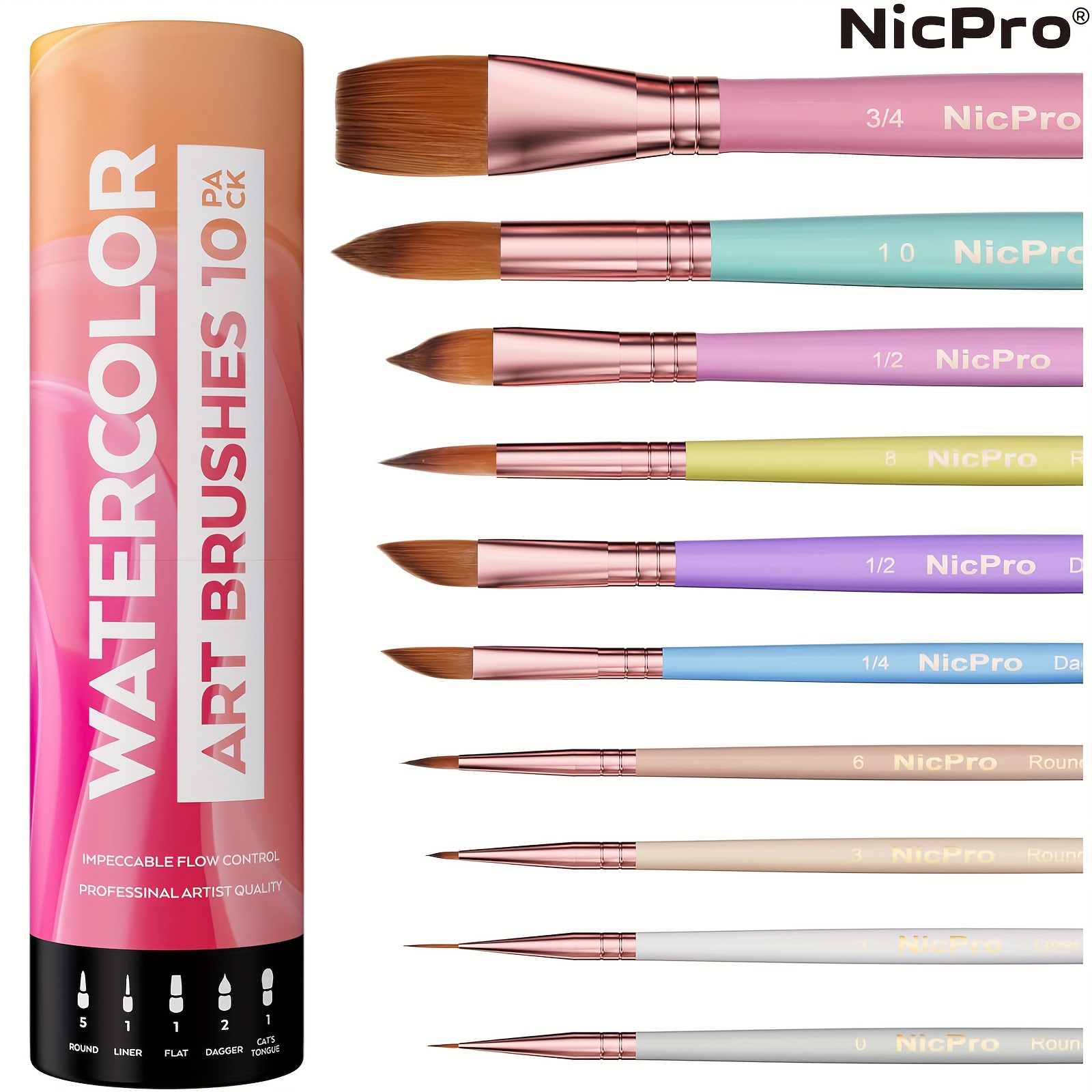 

Nicpro 10pcs Pastel Watercolor Brushes Set, Professional Paint Brush, Pointed Round, , Liner, , Wash - With Holder & Bag