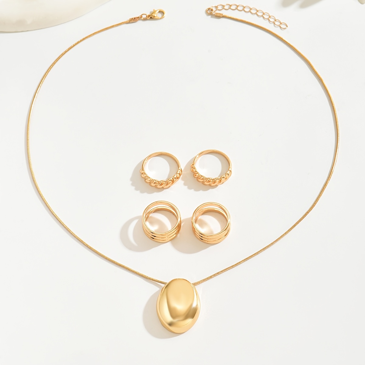 3pcs Minimalist Golden Necklace Ring Set Snake Bone Chain Geometric Oval Pendant