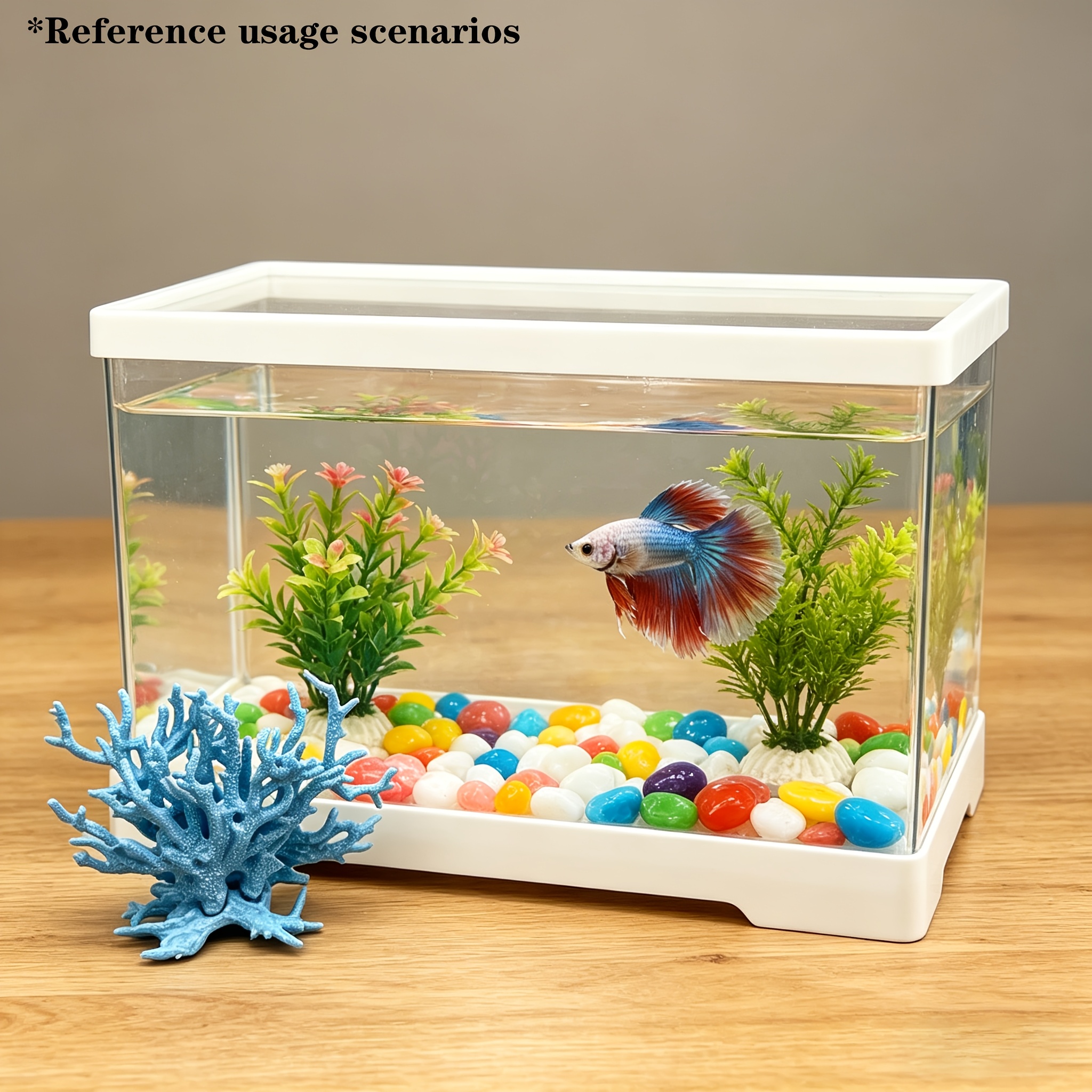 02pcs Set High-Transparency Ornamental Desktop Aquarium Landscape Kit, Ultra-Clear Panoramic High-Transparency Tank Body for Unobstructed Full-View Observation, Creamy White Simple Edging Suitable for All Home Decor Styles, Includes Aquarium Main