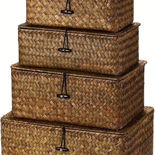 set of 4 seagrass storage bins with lid storage baskets organizer for organizing woven bins home utility box for home office supplies