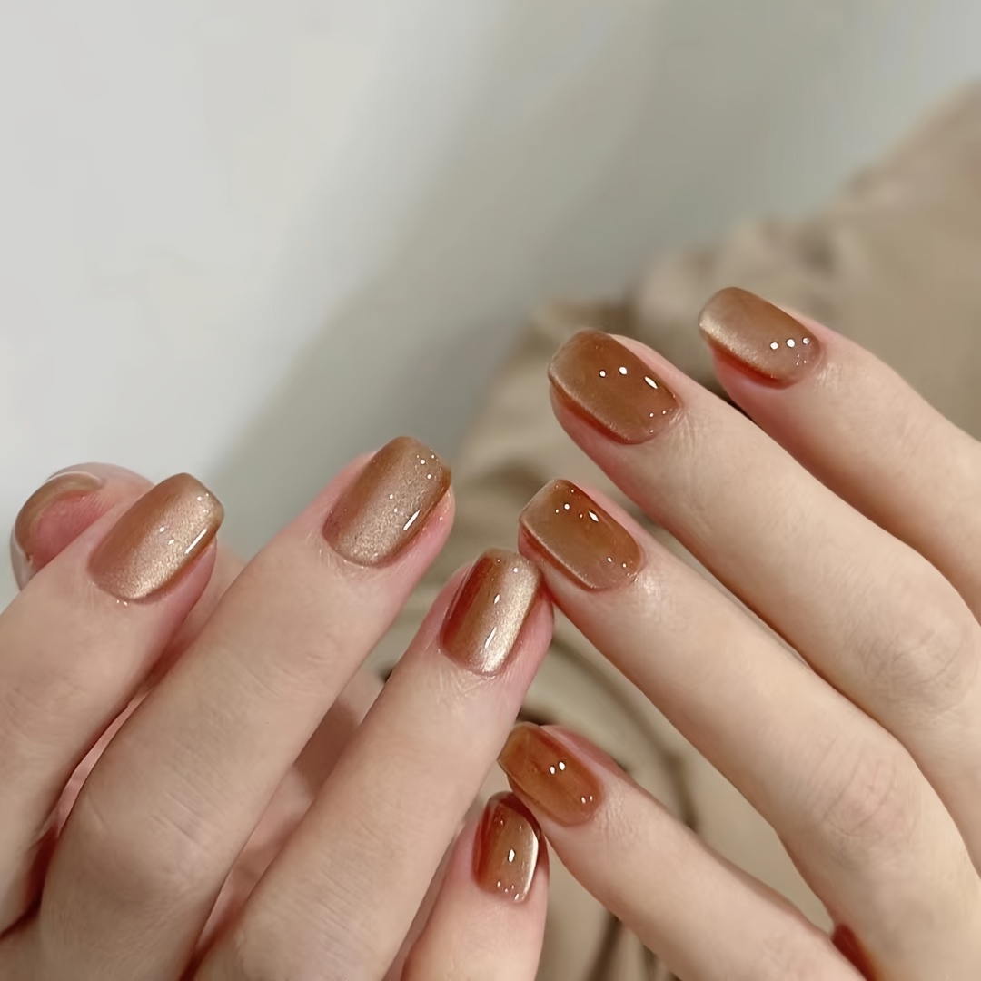 TEMU 10 stuks Koffiebruine Cat Eye Korte Ballet Press-On Nagelset voor Stijlvolle en Elegante Vrouwen