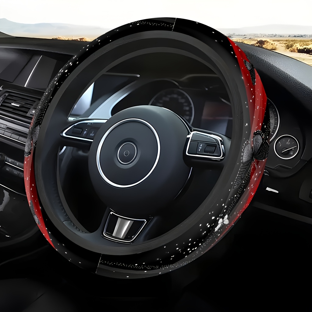TEMU 1pc Red Black Starry Steering Wheel Cover, Soft And Breathable Touch, Reduces Hand Fatigue, Suitable, Fashionable Car Interior Accessory, Fits