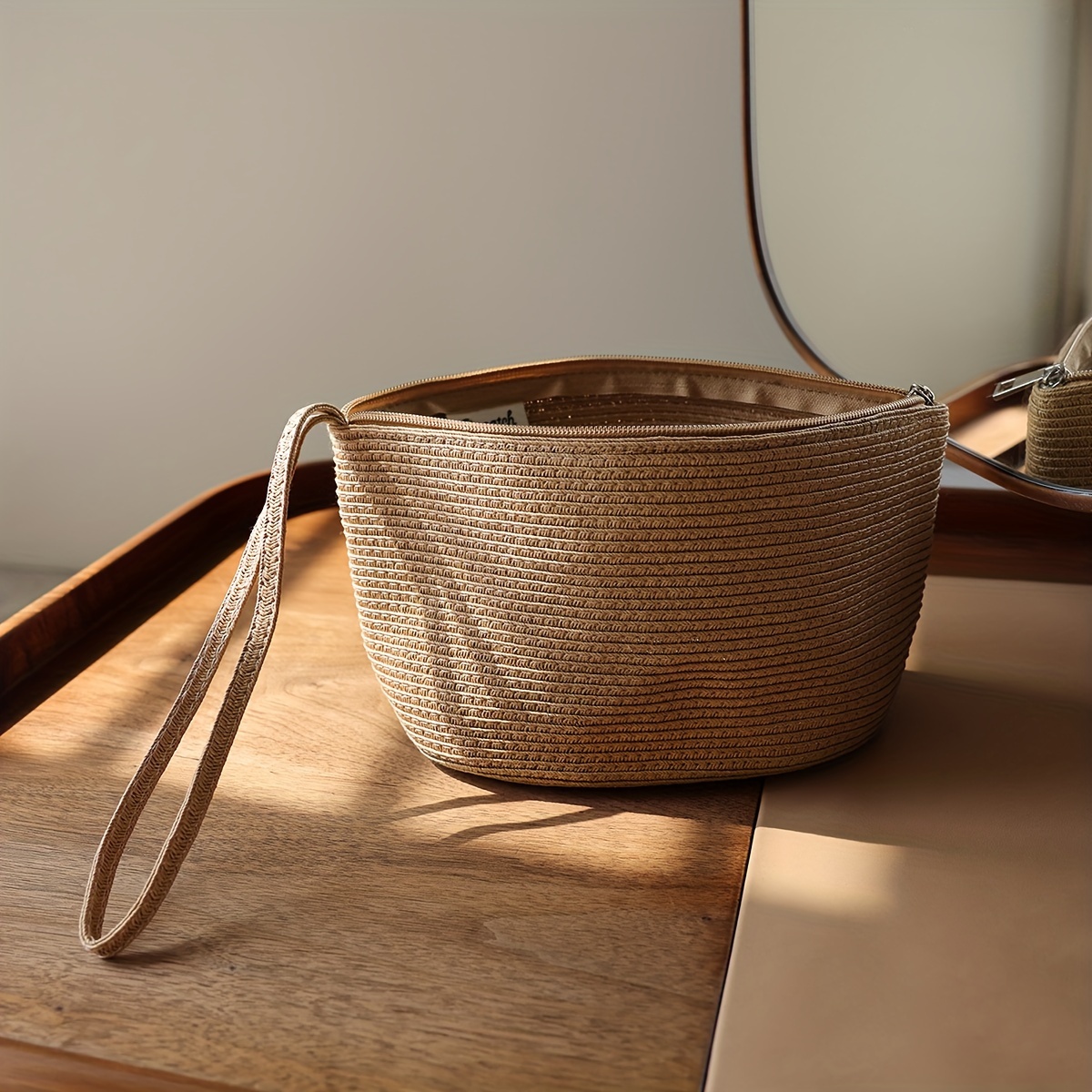 Image of Straw Woven Bag, Spring/summer Travel Carry-on Organizer, Solid Color Woven Storage Pouch, Outdoor Portable Casual Beach Bag, Handbag, Cosmetic Bag