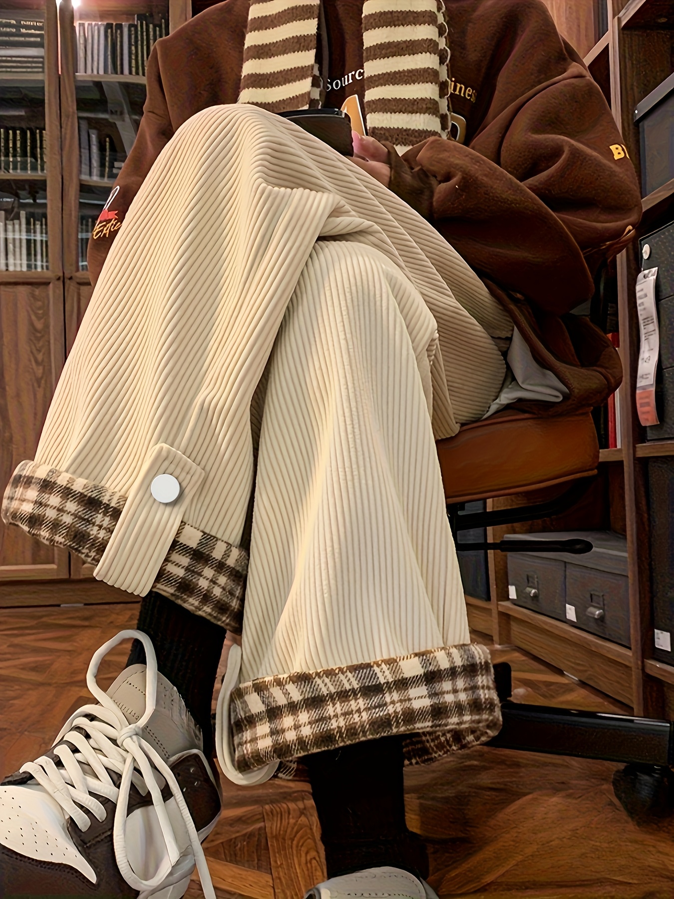 womens corduroy flare pants brown white checkered Temu Australia