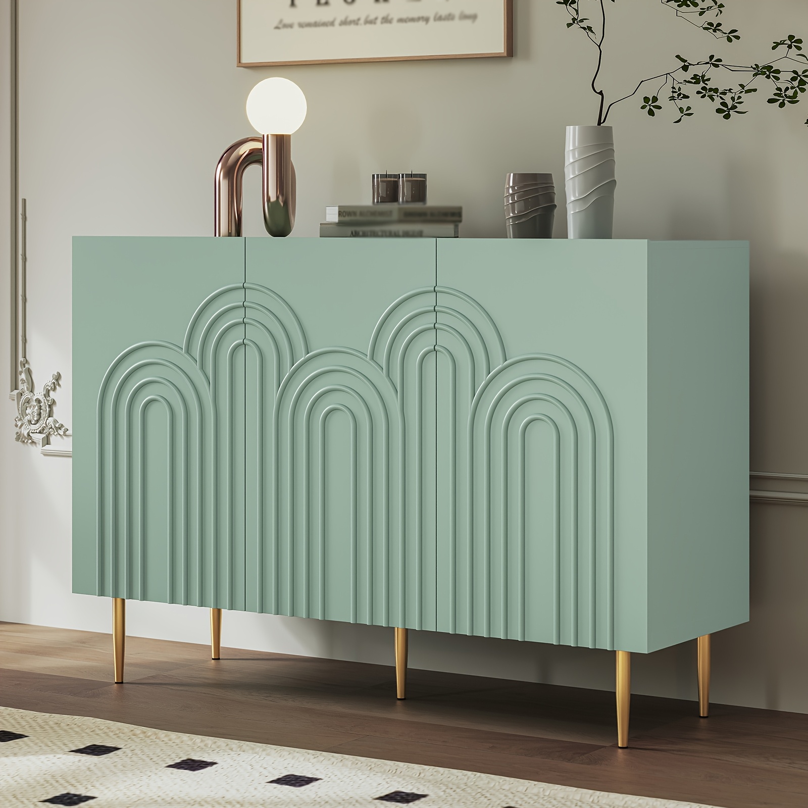 Image of 47" Accent Cabinet With 3 Doors, Sideboard Buffet Cabinet With Cloud Relief, Modern Decorative Credenza With Storage For Living Room, Kitchen, Dining Room, Hallway, Entryway