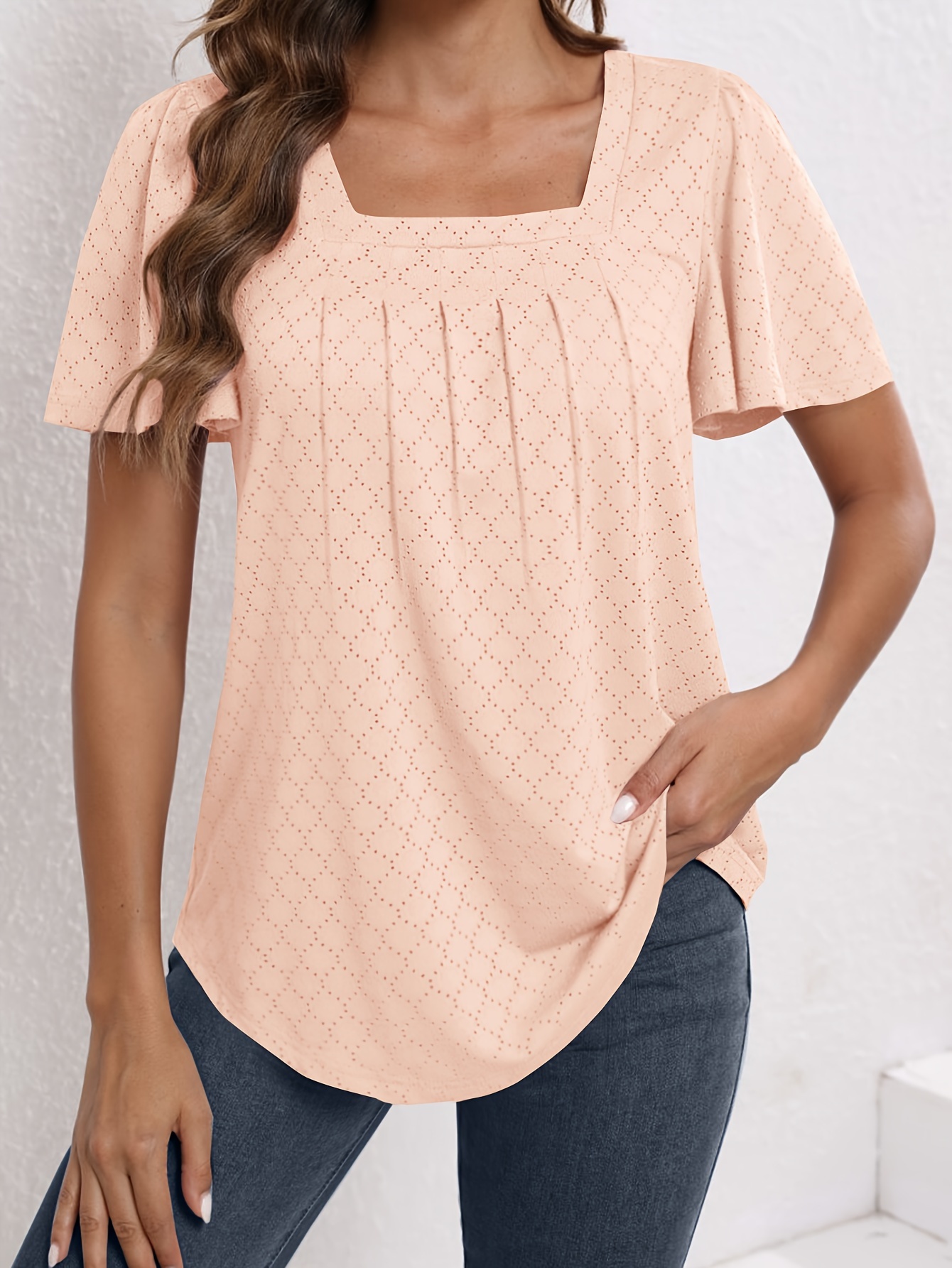 Plus Size Women'S Square Neck Ruffle Sleeve Top - Breathable Eyelet Cut-Out Fabric, Unique Chest Pleat Design, Elegant Fashion for Spring Summer Fall, Formal & Casual Wear, Casual Wear Top | Pleated Detail Top | Stretchy Fabric Top, Ladies T Shirts