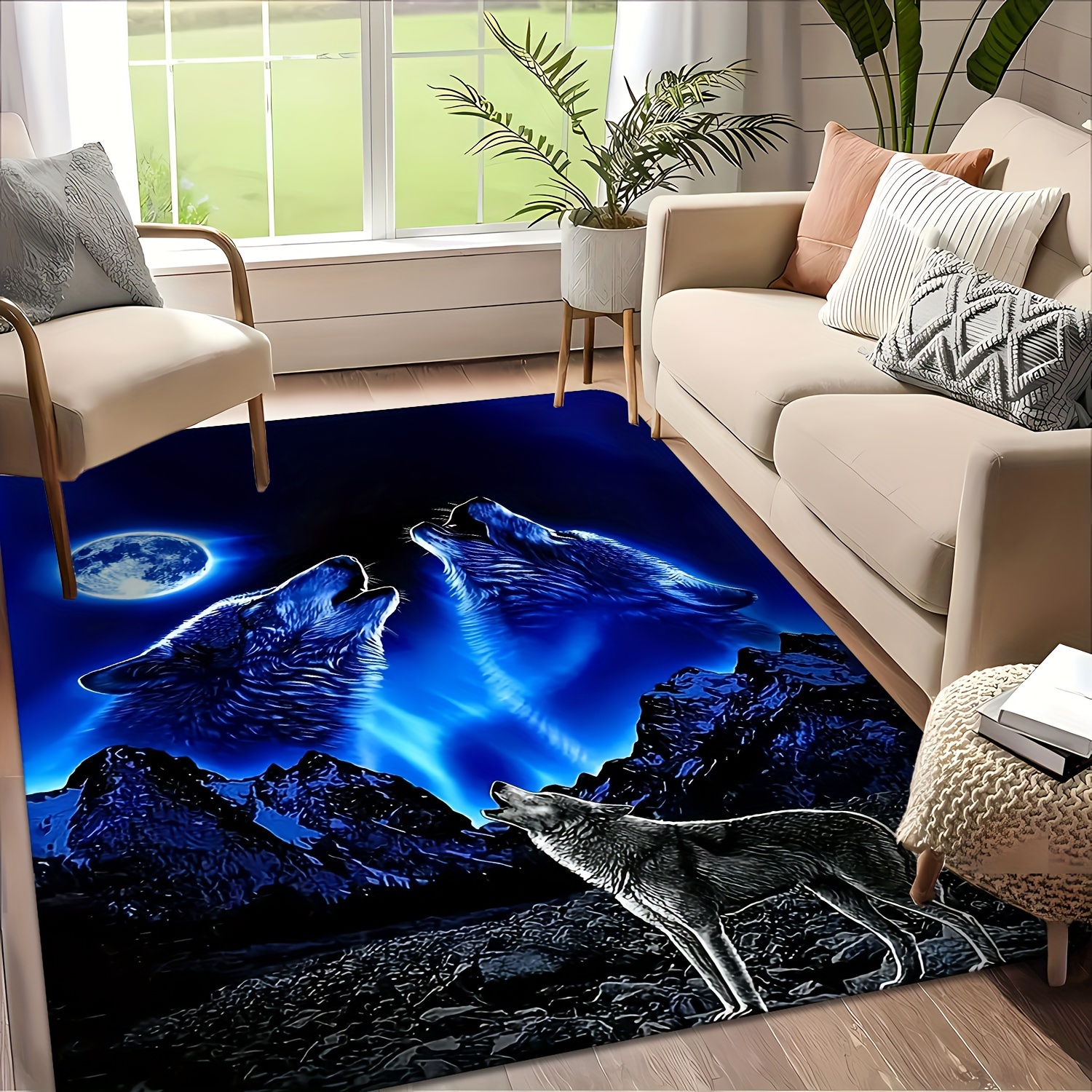 TEMU A Wolf Howl Patterned Carpet - Washable - Suitable For Living Room Coffee Tables, Bedrooms, Entrance Mats, And Dining Areas, As Well As For ,