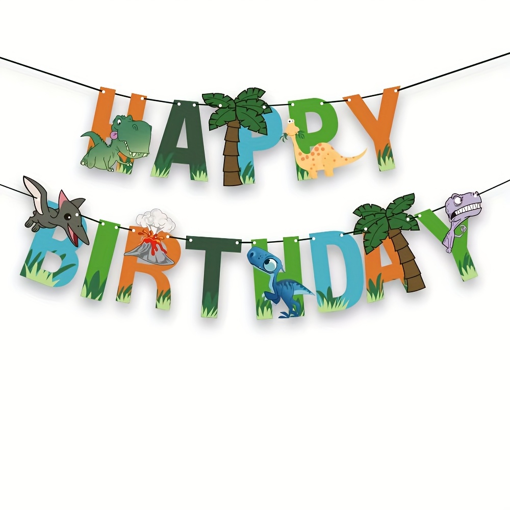 Image of A Set Of Dinosaur-themed Birthday Banners, Made Of 250g White Cardstock, Featuring 'happy Birthday'. Banners Are Perfect For Decorating A Dinosaur Birthday Party
