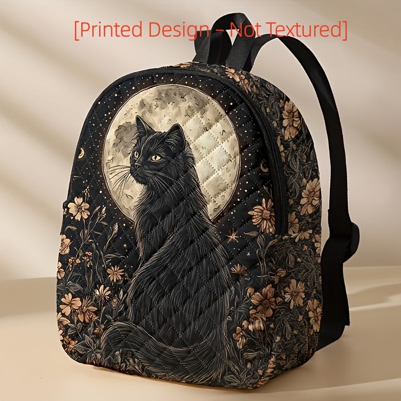 TEMU [printed Design – Not Textured] Moon, Flower, And Black Cat Pattern Rhombus Backpack, Lightweight Large-capacity Travel Backpack, Suitable For
