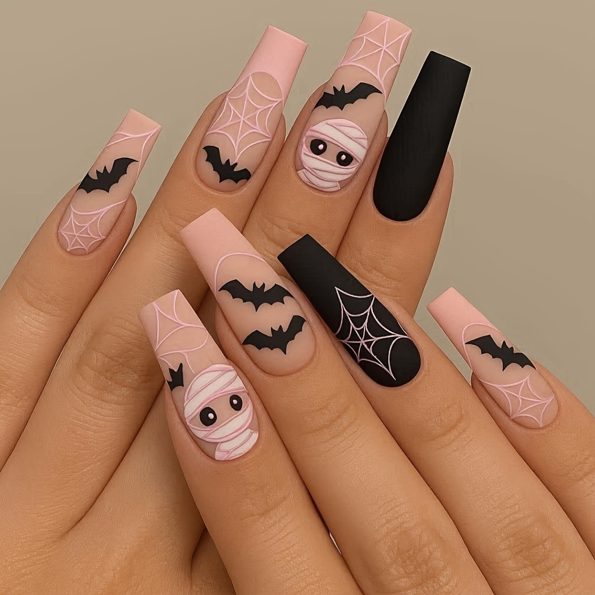 TEMU 24pcs Halloween Medium-length Ballet Light Pink Edge Spiderweb Print Matte Full-coverage Press-on Artificial Fake Nails, Suitable For Women's