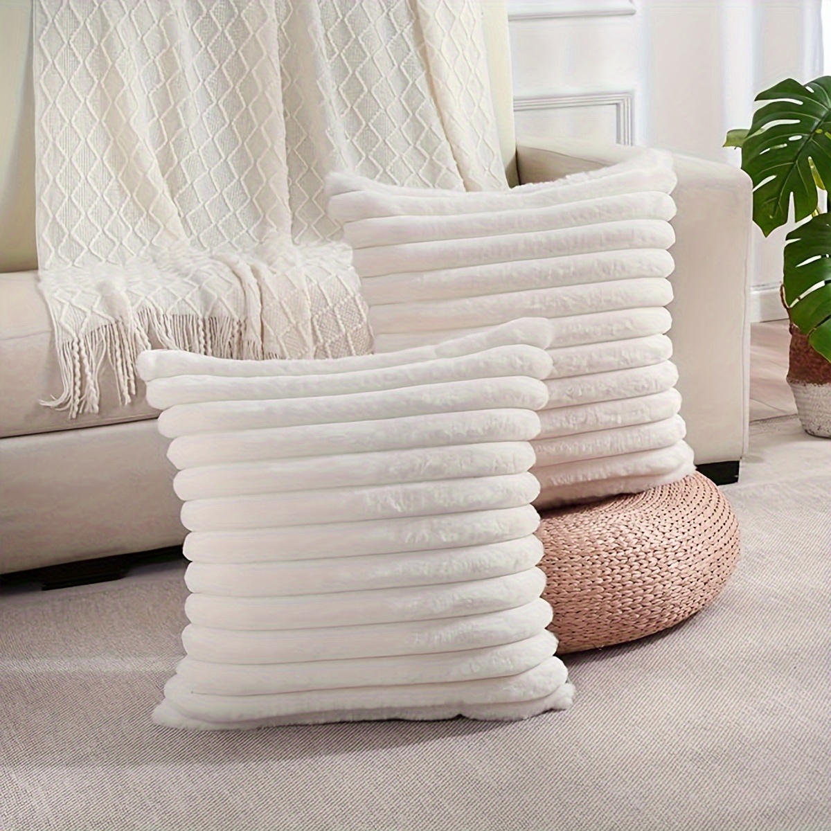 

1 Ensemble de 2 Housses de Coussin en Peluche Blanc Crème à Rayures Verticales, Sans Insert de Coussin, Pour Décoration de Canapé, Lit et Voiture