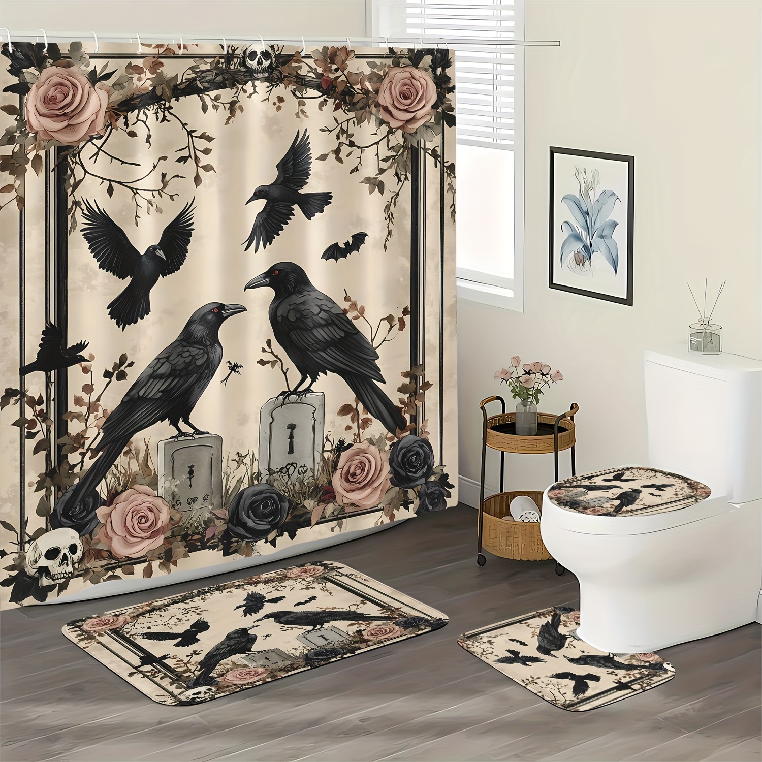 

1/4pcs Halloween Pattern Shower Curtain Set - Bathroom Decoration, Bathroom - Carpet Shower Curtain Set, , Bathroom Carpet, U-shaped Pad, Pad, Bathroom Decoration