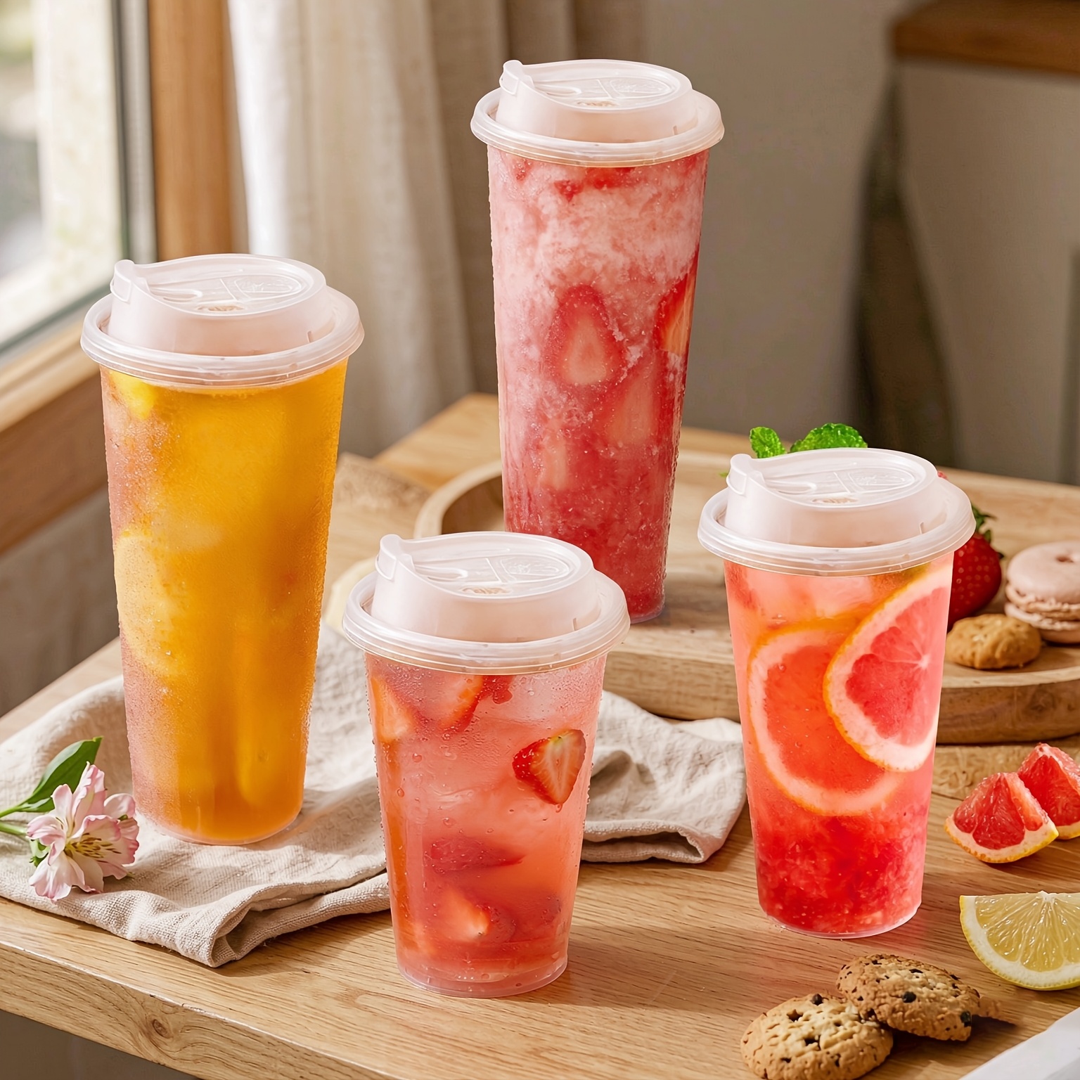TEMU 18pcs Set Of Reusable Thickened Transparent Plastic Cups With Multi-functional Straw Lids (6 Cups, 6 Lids, 6 Straw Stoppers), Pp Material,