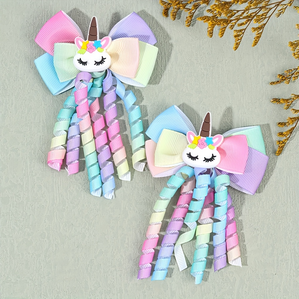 Image of 2pcs Rainbow Unicorn Hair Clips For Girls - Colorful Grosgrain Ribbon Bow Hair Pins With Long , Cute Cartoon Design For Daily Wear, Parties & Birthday Gifts