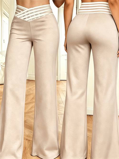 womens waist straight leg pants mesh waistband design solid color slightly elastic casual trousers suitable for travel and dates