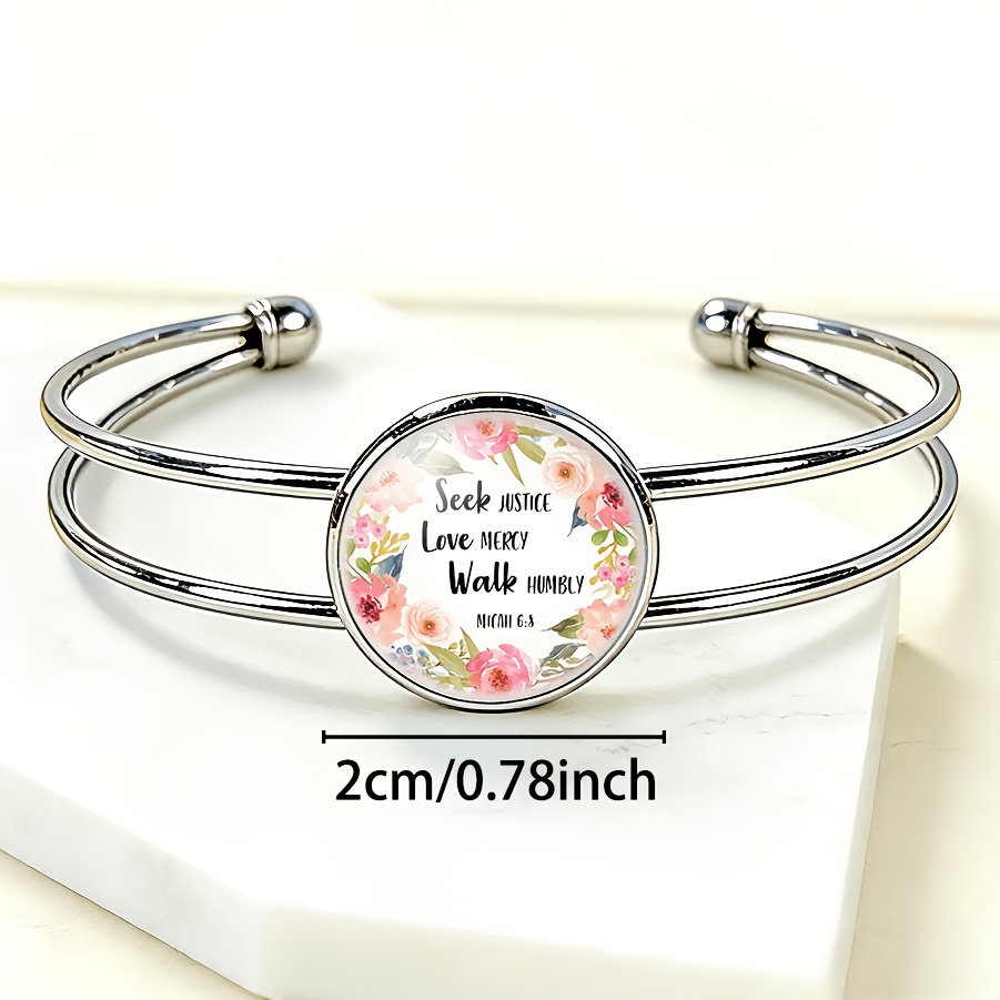 Adjustable Open Bangle with Floral Surround Text Design