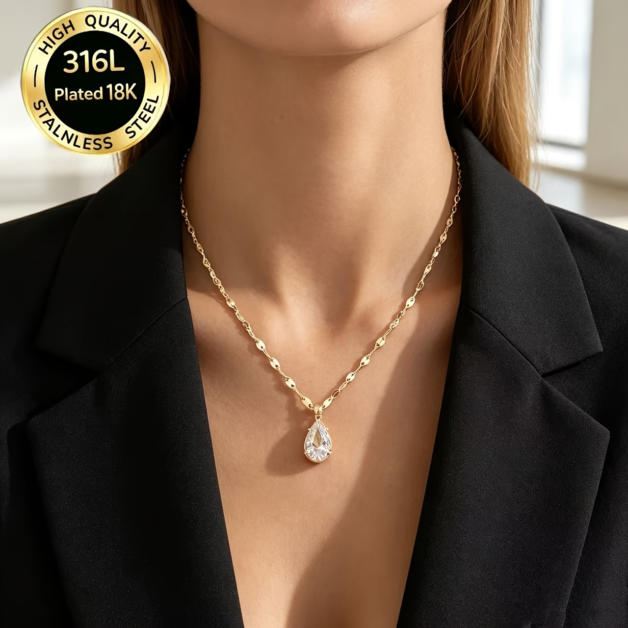 TEMU 1pc High-quality Exquisite 18k Gold-plated 316l Stainless Steel Teardrop Synthetic Zirconia Necklace, Hypoallergenic And Fine Collarbone Chain