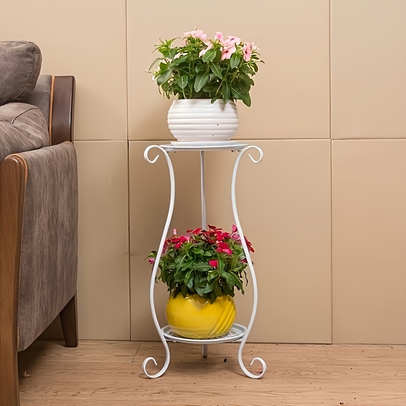 Image of 3-tier European Wrought Iron Plant Stand With Floral Pattern - Indoor/outdoor Floor Standing Rack For Living Room, Balcony, Or Patio, Lightweight With Decorative Scrollwork, Plant Decor