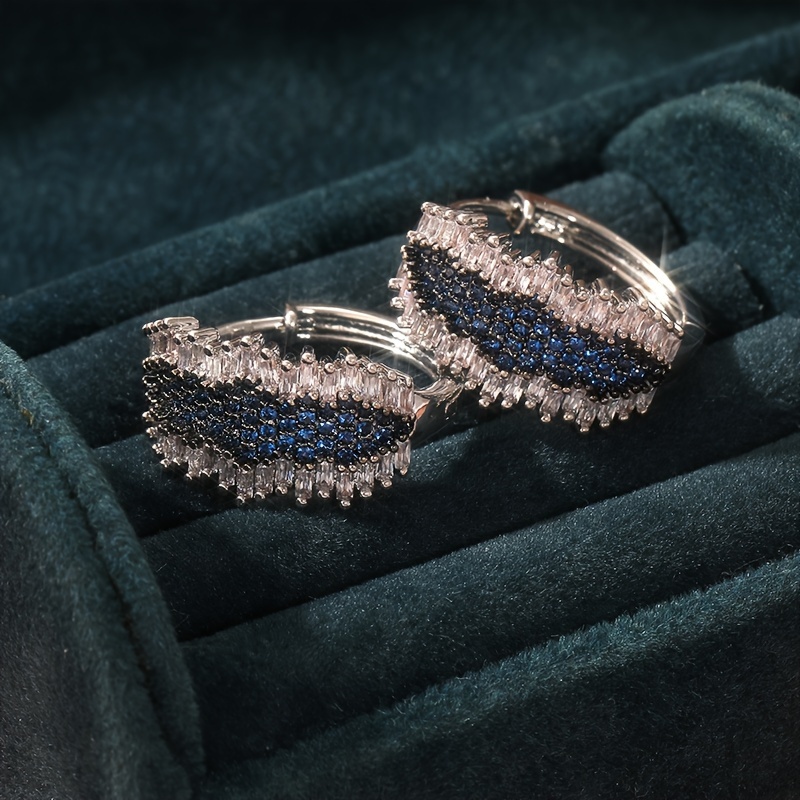 elegant vintage boho hoop earrings with square synthetic zirconia wrap and blue cubic zirconia accents 925 silver plated copper   christmas daily wear and special occasions gift ready Product details 5