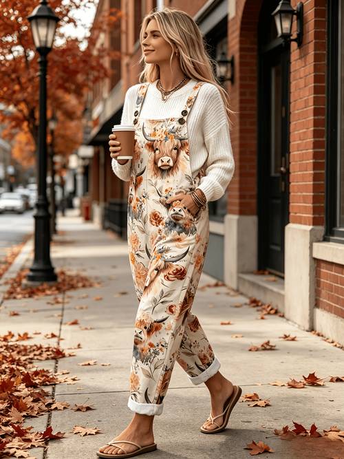 farm cow print pocket loose fit adjustable suspender overalls d57
