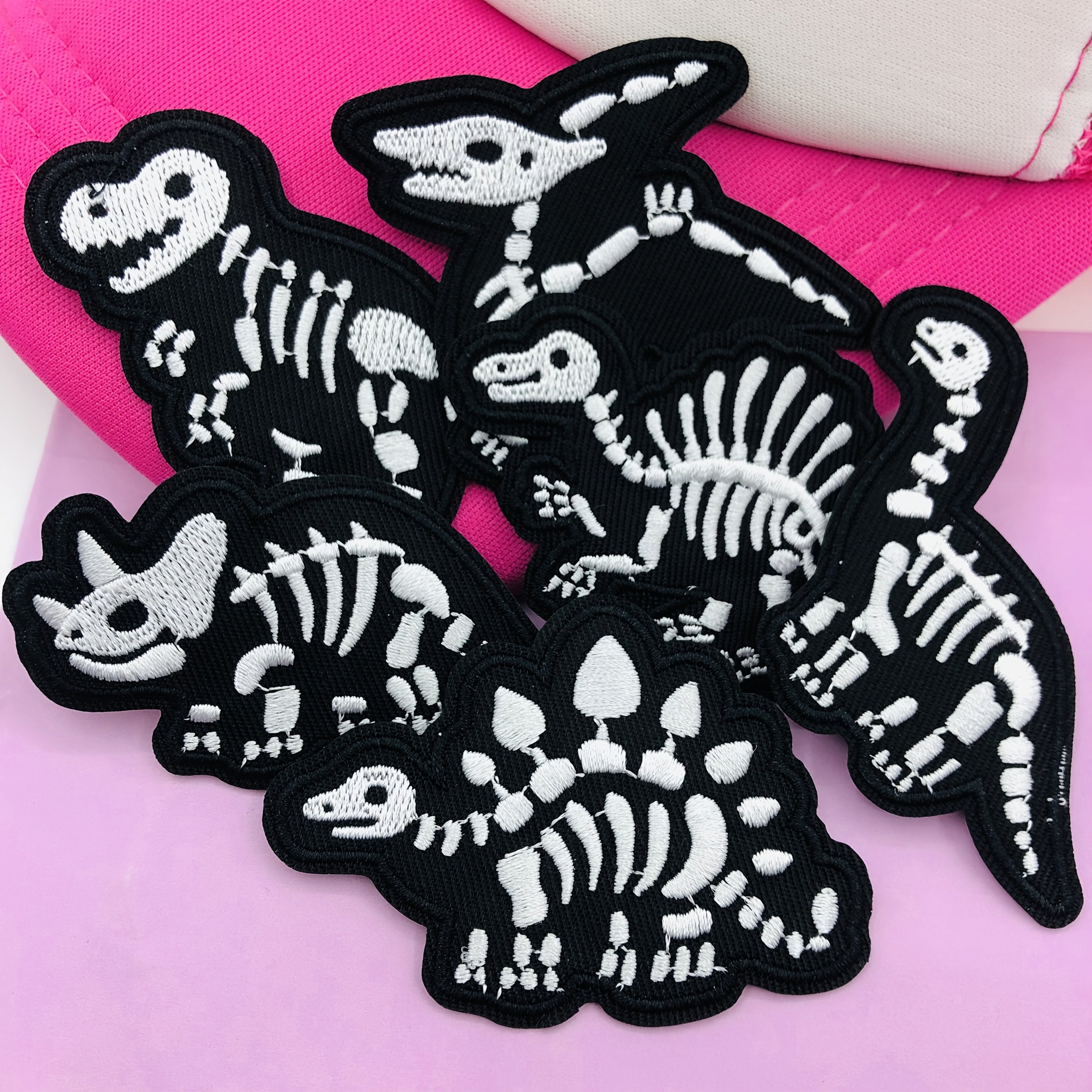 Image of 6pcs Of Cute Dinosaur Skeleton Embroidered Fabric Patches, Dinosaur Fossil Embroidery Patches, Suitable For Ironing Or Sewing Decorations For Projects On Clothing, Bags, Hats, Jackets, And More
