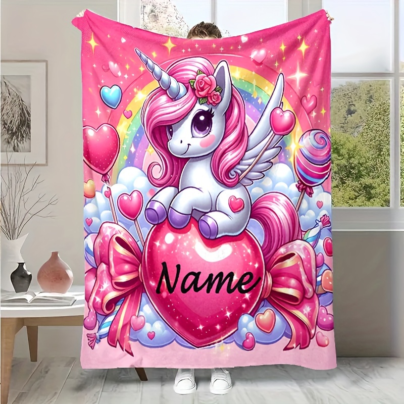 

Customizable Pink Unicorn Flannel Blanket - , Sofa, Bed, Travel, Camping | Personalized Gift For