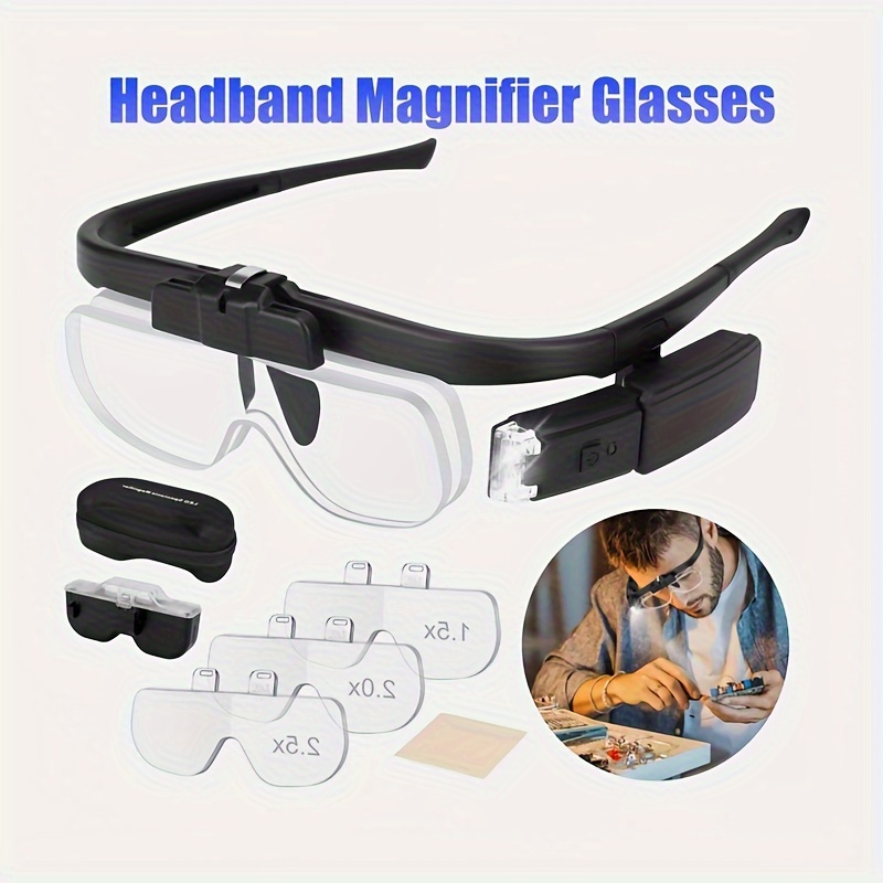 

Led Head-mounted Magnifier With 2 Led Lights, 3 Lenses With Different Magnifications Storage Case, 2 Lenses Used At Time Suitable For Reading, Repairing Watches, Engraving, Crafts Making Use Of