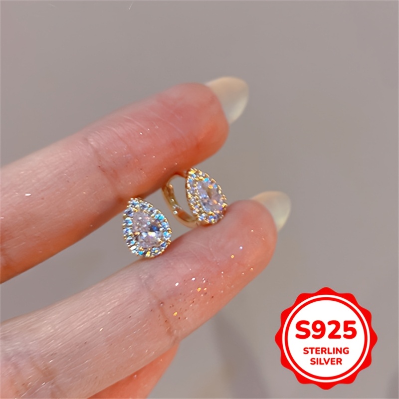 TEMU 2.3g Sterling S925 Silvery Vintage Eleganth Mini Water Drop Synthetic Zirconia Ear Clips Earrings For Women Birthday New Year Party Jewelry Gift